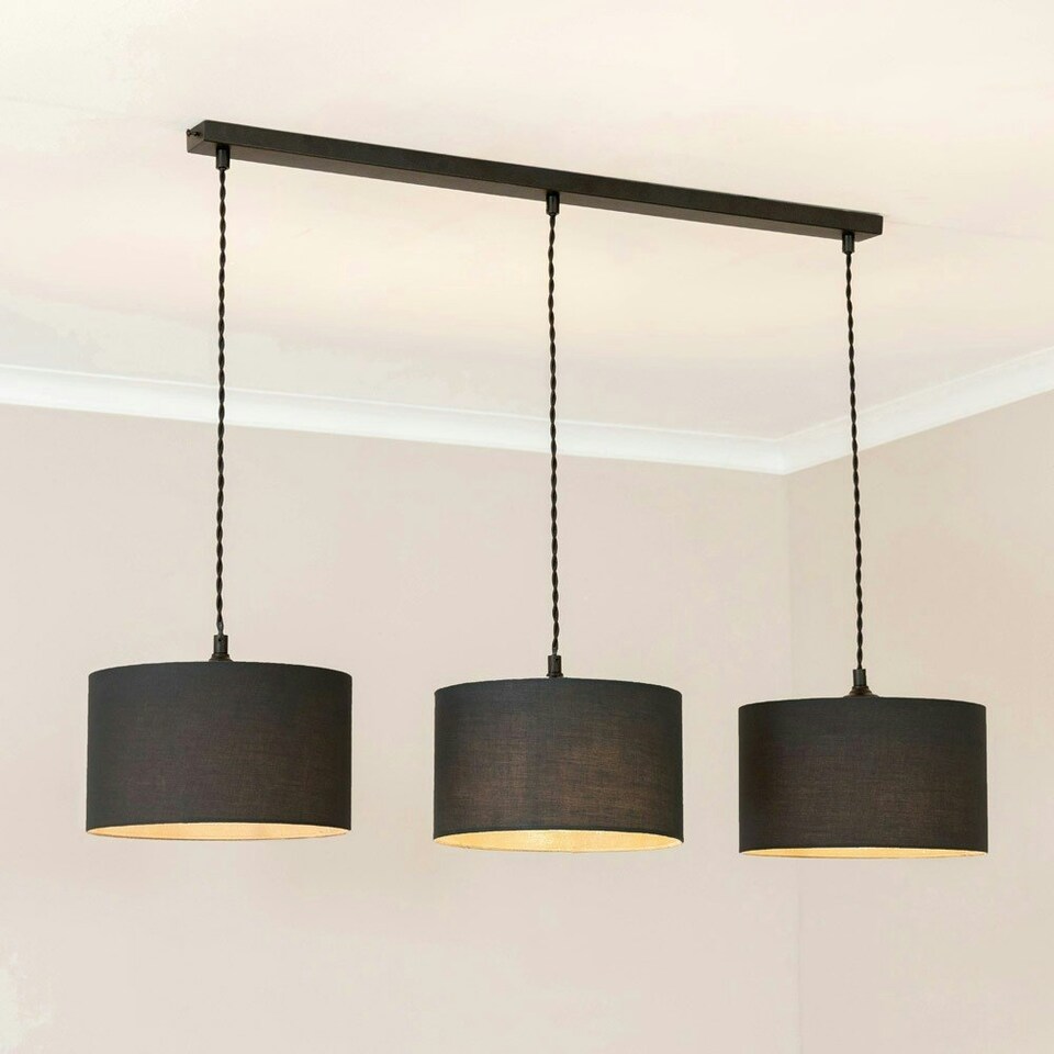 image 1 of ValueLights Reni Black Fabric Drum Shade 3 Drop Bar Black Diner Ceiling Light and Bulbs Black