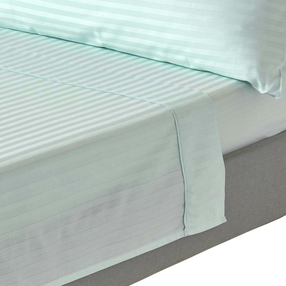 image 1 of Homescapes Blue Egyptian Cotton Satin Stripe Flat Sheet 330 TC, Double Blue | Double