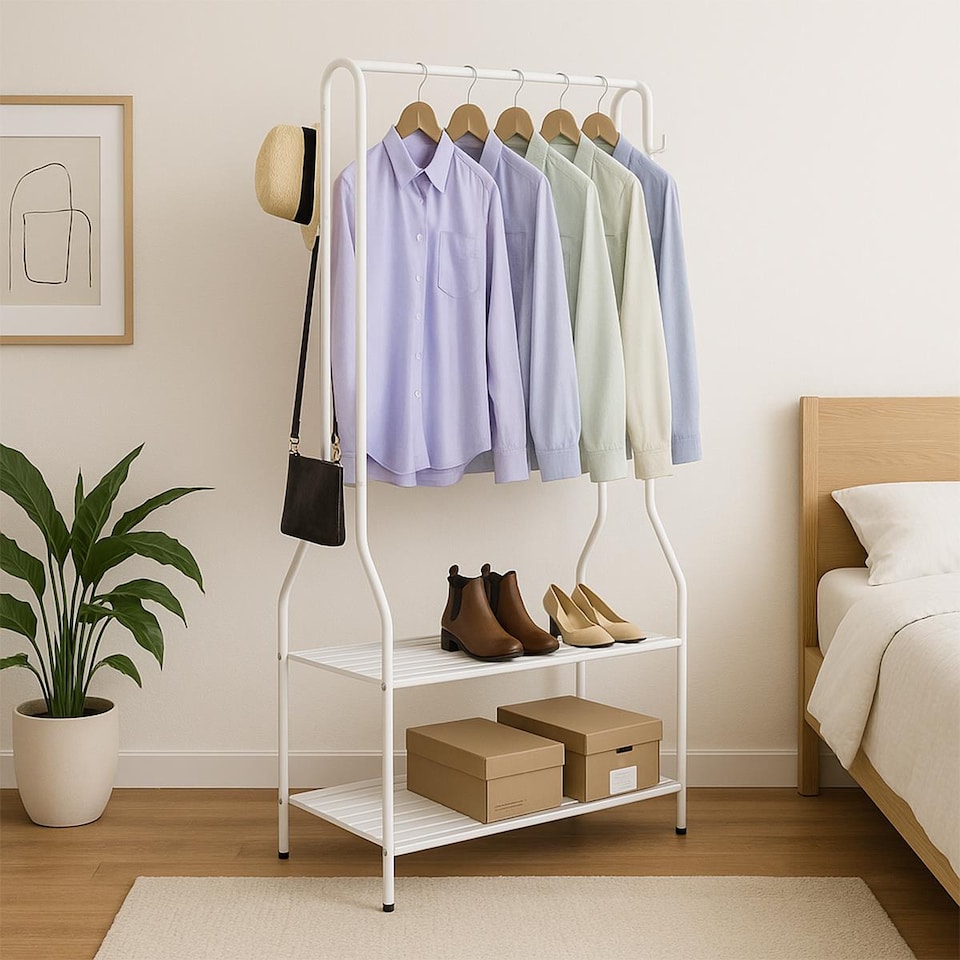 image 1 of House of Home Clothes Rack Steel White Clothing Rail With Two Shelves Hanging Hooks 5ft Height | White