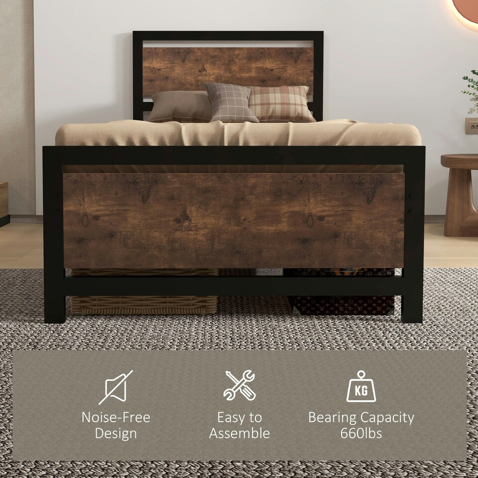 image 1 of HOMCOM Single Size Metal Bed Frame w/ Headboard & Footboard, 97x195x103cm