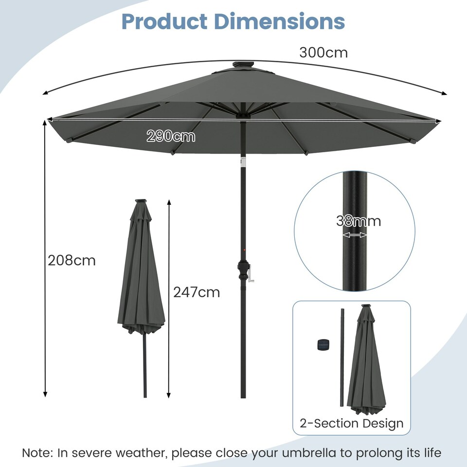 image 1 of COSTWAY 290 cm Solar Patio Parasol Umbrella 96 LED Lights Grey Grey