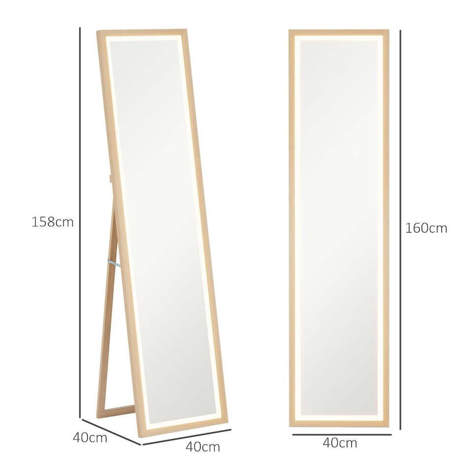 image 1 of HOMCOM Dimming Full Length Mirror w/ Lights Standing Leaning Wall Mount Oak