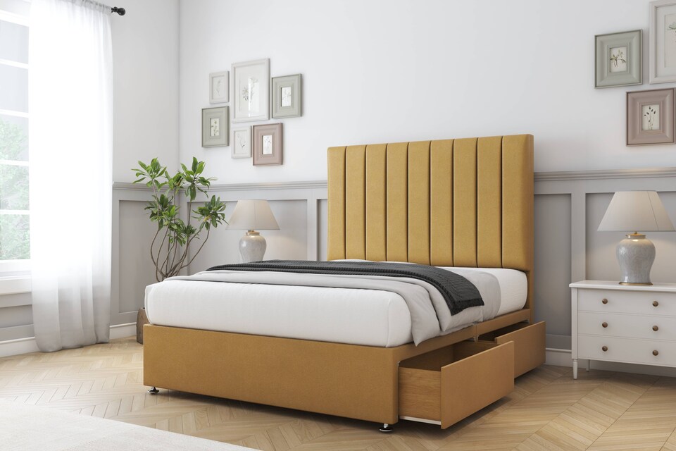 image 1 of Sloomy Kansas Mustard Plush Divan Bed With Mattress No Drawers With 54" Floor Standing Headboard 4' Small Double | Gold | Mustard | Small Double | 1