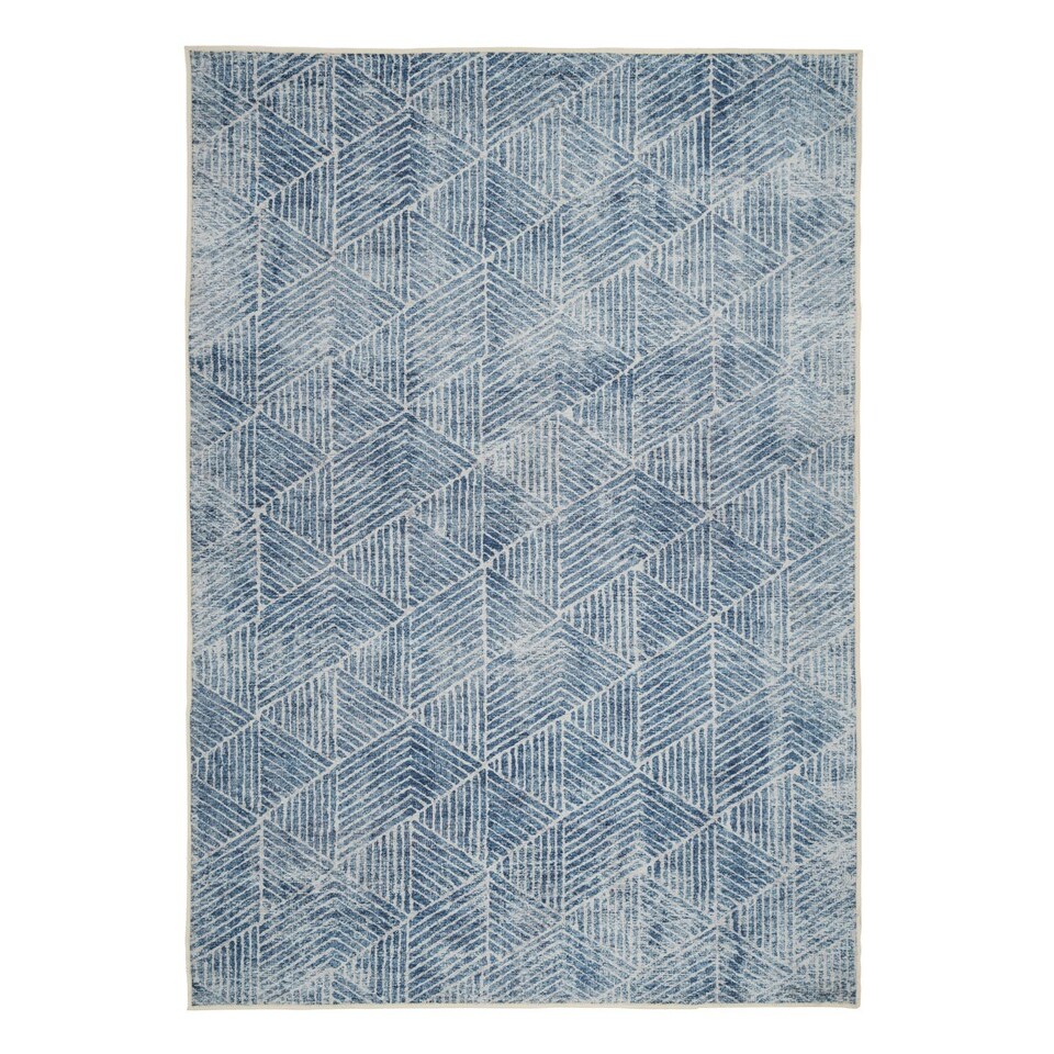 image 1 of Denim Blue Geometric Distressed Washable Living Room Area Rug - 80x150cm Blue
