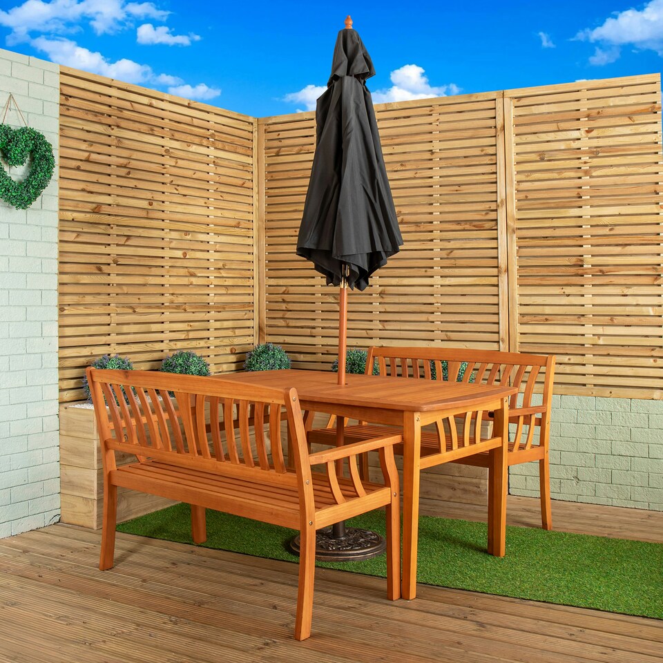 image 1 of Outdoor 4 Person Rectangular Wooden Garden Dining Table & 2 Benches with Black Parasol & Base Furniture Set