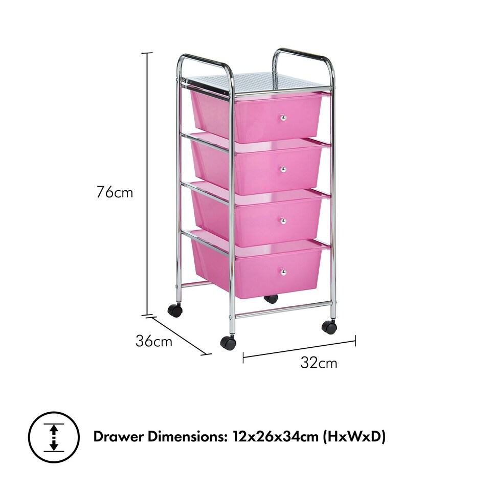 image 1 of VonHaus 4 Drawer Pink Storage Trolley with 360° Wheels
