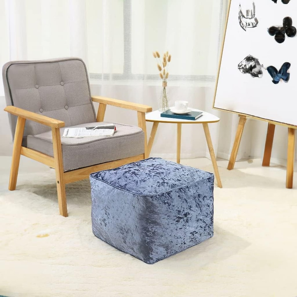 image 1 of Grey Crushed Velvet Bean Bag Pouffe Foot Rest