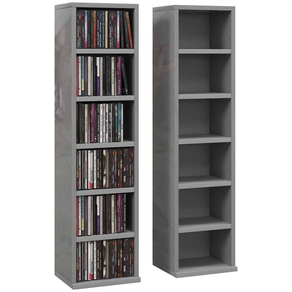 image 1 of HOMCOM Set of 2 CD Storage Units DVD Shelf with Adjustable Shelves | Grey | High Gloss Grey | 21W x 22.5D x 88.5H cm