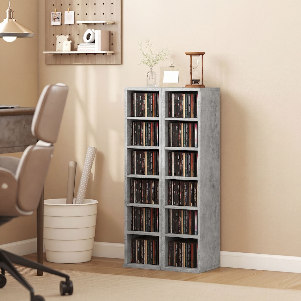 image 1 of HOMCOM Set of 2 CD Storage Units DVD Shelf with Adjustable Shelves | Grey | Cement grey | 21W x 22.5D x 88.5H cm