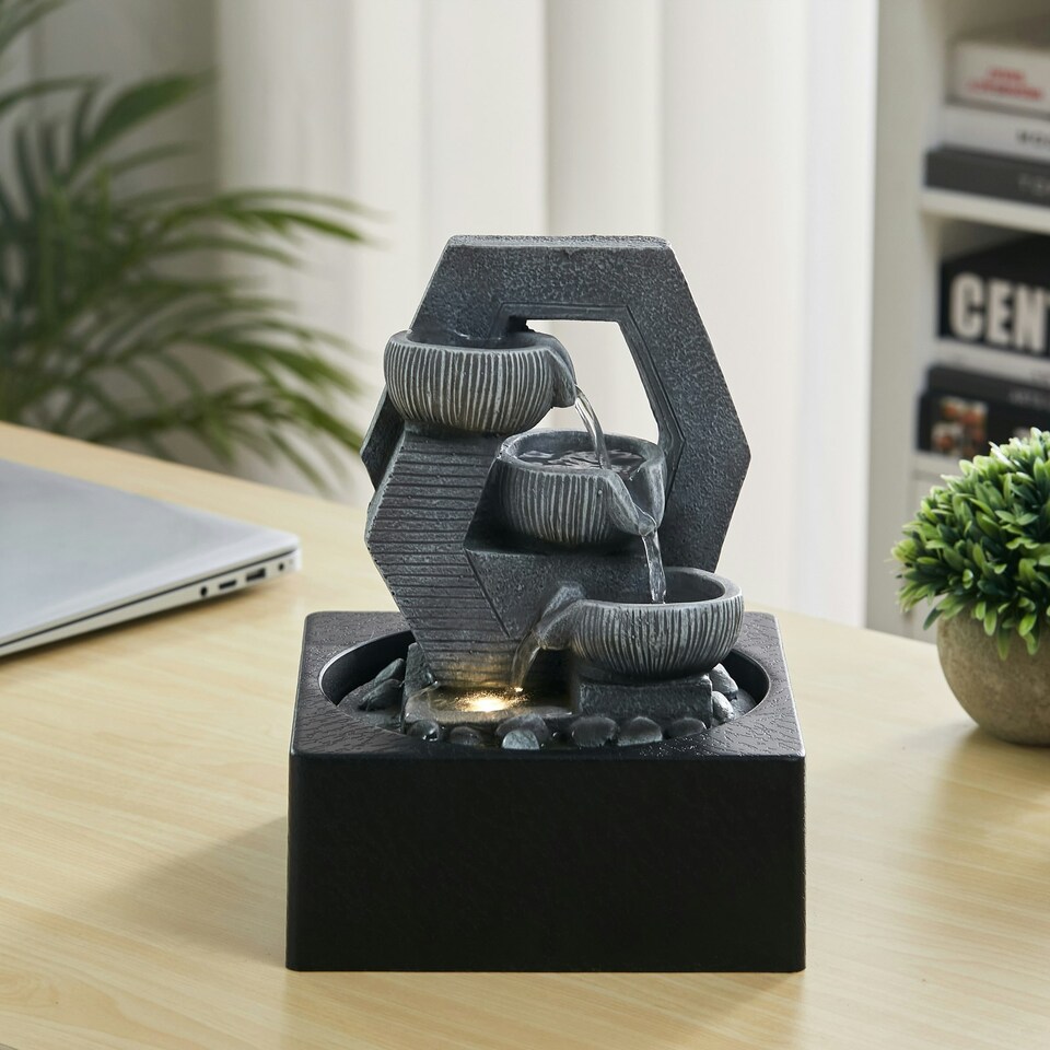 image 1 of Living and Home Tabletop Cascade Water Fountain Feature with LED Light Black