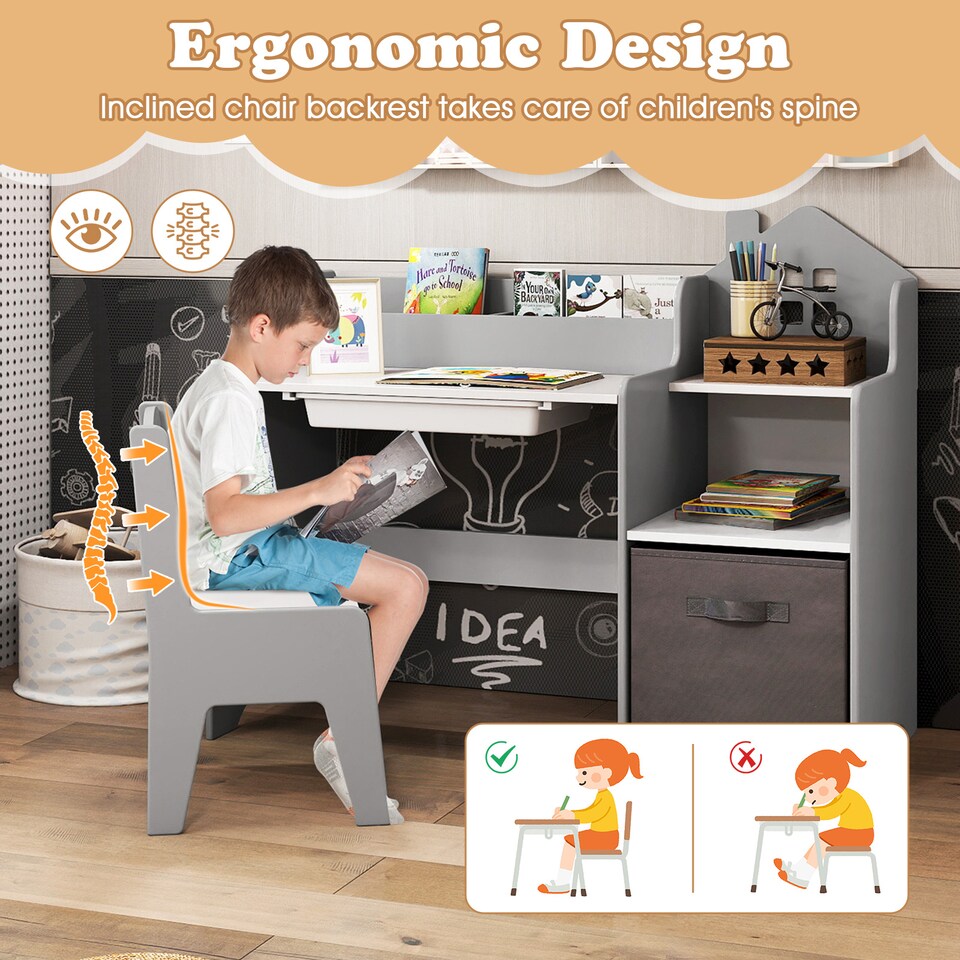 image 1 of COSTWAY Kids Study Desk and Chair Set Children Table Grey