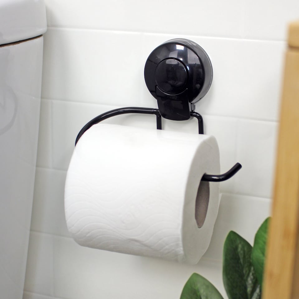 image 1 of Showerdrape Suctionloc Black Suction Wall Mounted Toilet Roll Holder with Mounting Disc | Black | 1
