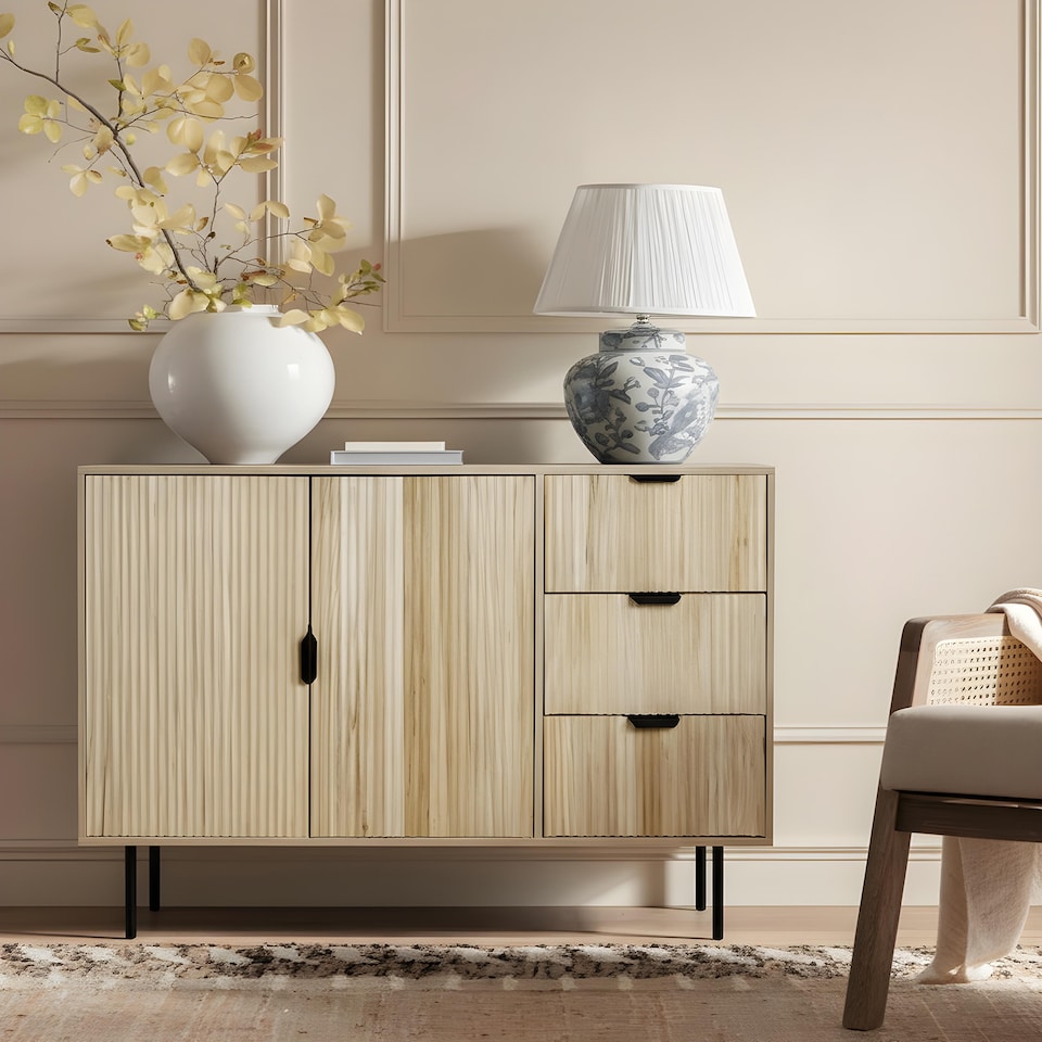 image 1 of OHS Ribbed Sideboard Table Modern Drawer Shelf Cabinet Storage | Brown | Light Wood