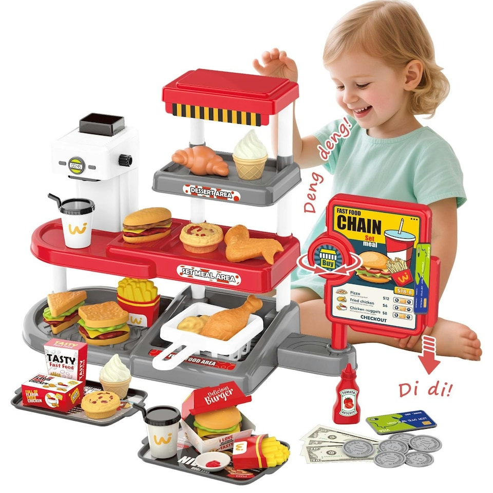 image 1 of 71PCS Kids Fast Food Playset – Pretend Kitchen Toy Set with Cash Register, Drink Dispenser & Food Accessories