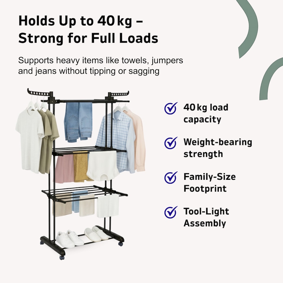 image 1 of Straame 4-Tier Winged Clothes Airer – Foldable Clothes Drying Rack with Wheels for Indoor/Outdoor Use, Heavy-Duty Laundry Airer, Dryer rack, 76×50×172 cm (Black)