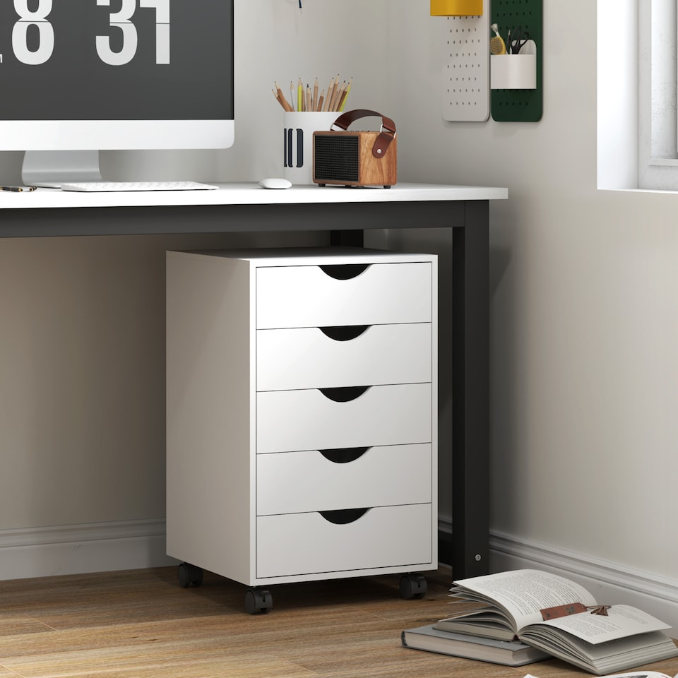 image 1 of HOMCOM Filing Cabinet with 5 Drawers, Under Desk Drawer, White | White | White