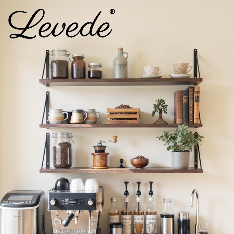 image 1 of Levede Floating Shelves Wall Wood Rustic with Brackets Vintage Brown Set of 3