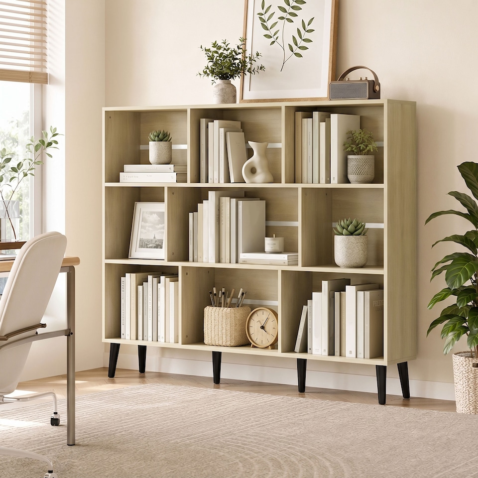 image 1 of HOMCOM 3-Tier Bookshelf with 10 Cubbies, Book Shelf with Wood Legs