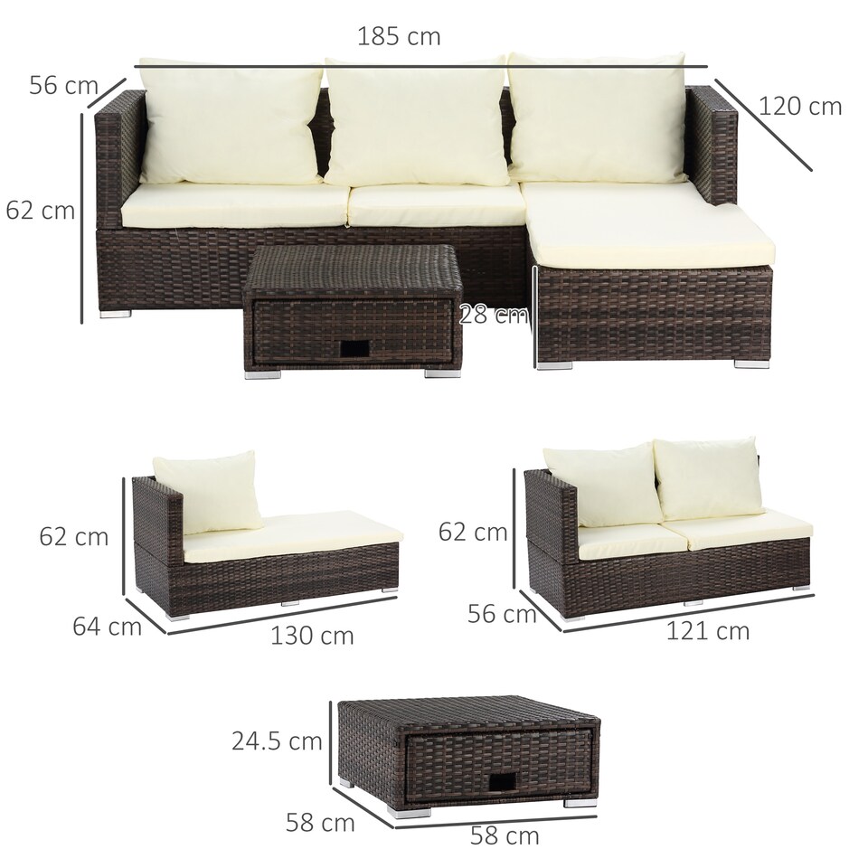 image 1 of Outsunny 3 Pieces Rattan Garden Furniture Sofa Set, 4 Seater Garden Corner Sofa with 5-Level Reclining Sun Lounger and Storage Coffee Table, Outdoor Furniture Conservatory Set with Cushions, Brown