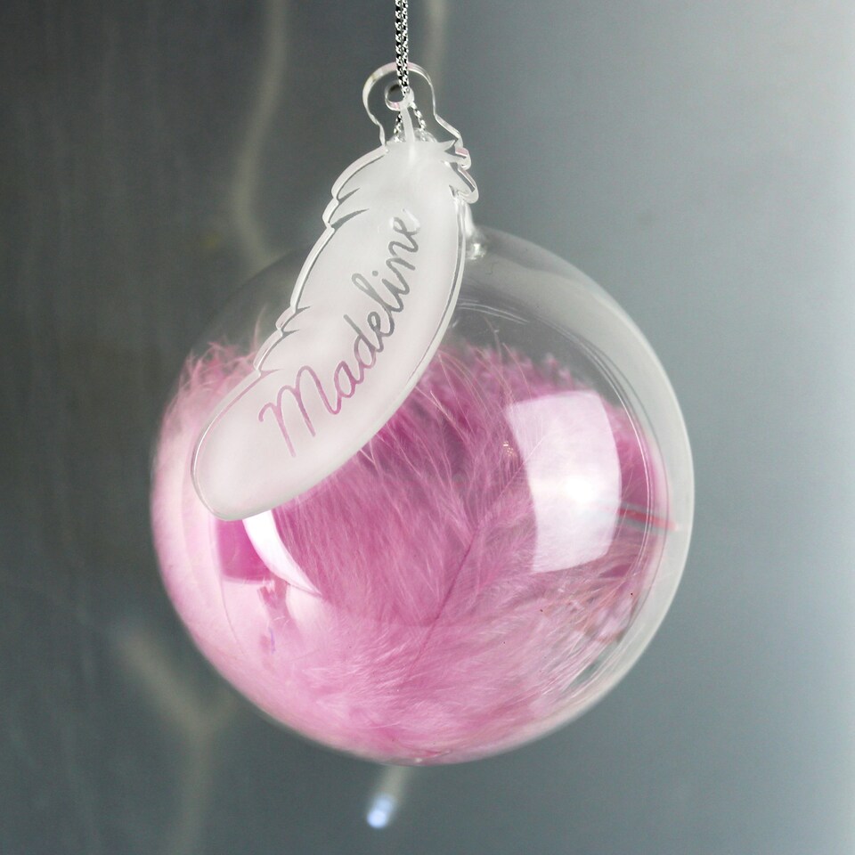 image 1 of Personalised Pink Feather Glass Bauble