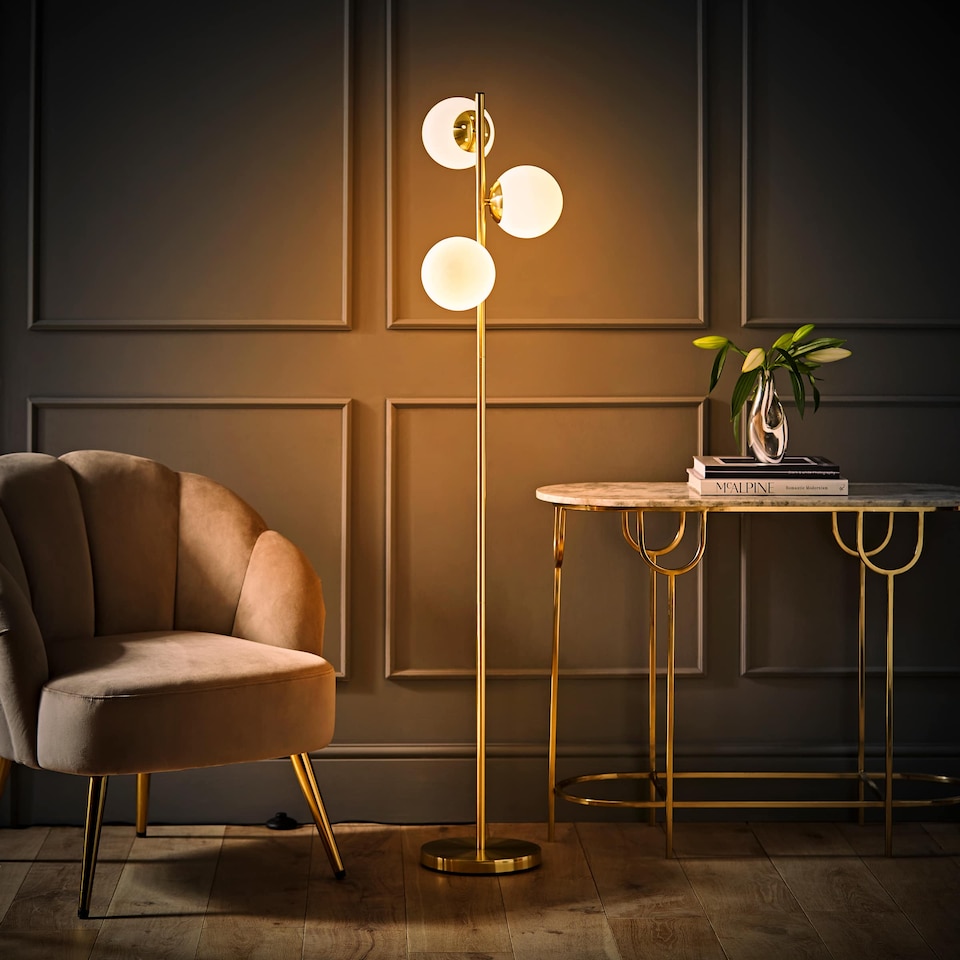 image 1 of ValueLights Jas 3 Gold Metal Floor Lamp White Frosted Glass Shades | Gold | White