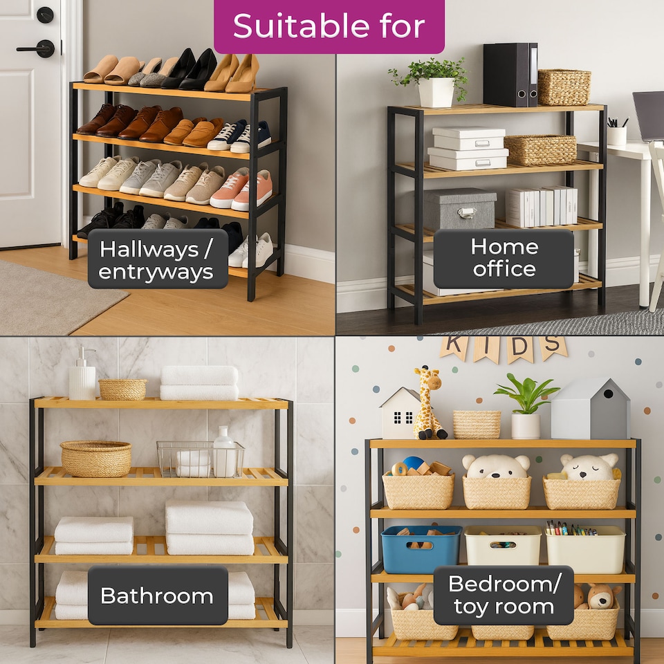 image 1 of Neo Black / Natural 4-Tier Bamboo Shoe Rack Wooden Shoe Storage Organiser Shelf for Hallway, Entrance Living Room | Black | Black And Wood