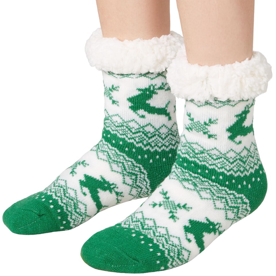 image 1 of Fluffy socks with reindeer motif   green-white | Green | green/white | 1
