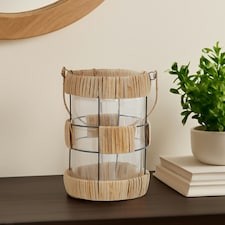 Interiors by Premier Natural Rattan Large Lantern, Rustic and Stylish Glass Lantern, Black Metal and Clear Glass Candle Lantern