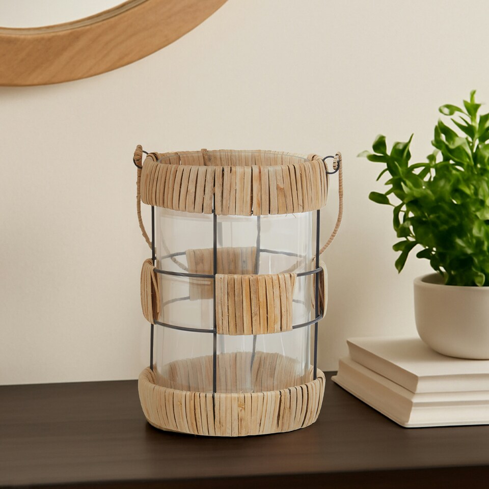 image 1 of Interiors by Premier Natural Rattan Large Lantern, Rustic and Stylish Glass Lantern, Black Metal and Clear Glass Candle Lantern