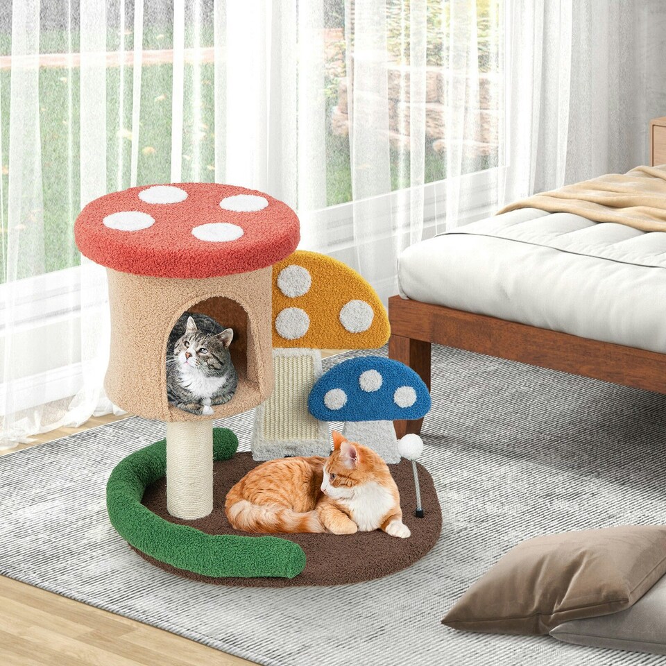 image 1 of COSTWAY Mushroom Cat Tree 4-In-1 Wooden Cat Activity Center