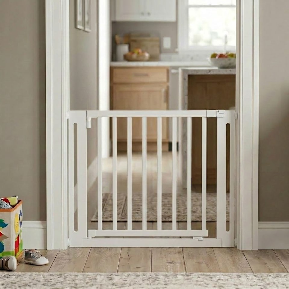 image 1 of Safetots Wooden Elegance Gate, White, 79cm - 87cm, Pressure Fit Safety Gate, 57cm Extra Wide Doorway, Easy Installation