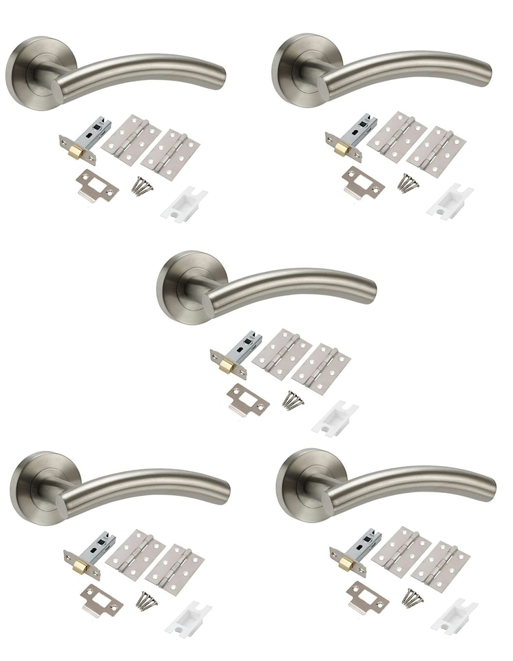 image 1 of Golden Grace 5 Sets Arched T-Bar Door Handles on Round Rose in Satin Nickel Finish with Latch and Ball Bearing Hinges | Silver | 5 Set