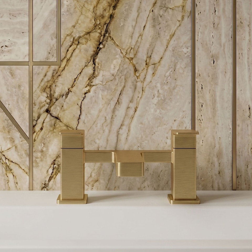 image 1 of Balterley Square Deck Mounted Bath Filler Tap with Dual Levers, Waterfall Spout | Copper | Brushed Brass | 1