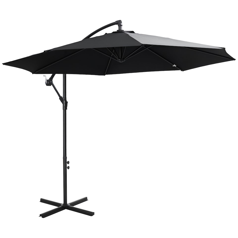 image 1 of Outsunny 3m Garden Banana Parasol Hanging Cantilever Umbrella with Crank Handle, 8 Ribs and Cross Base for Outdoor, Sun Shade, Black