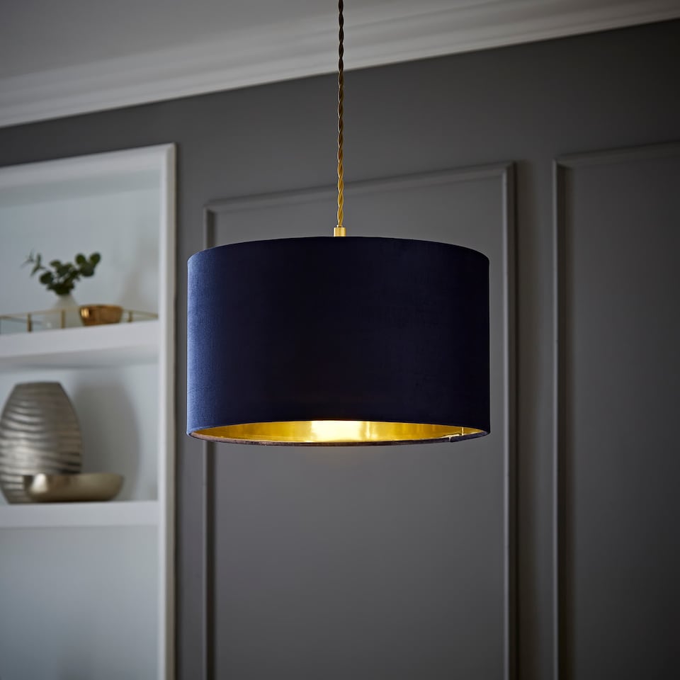 image 1 of ValueLights Reni Medium Navy Velvet Chrome Inner Lamp Shade | Blue
