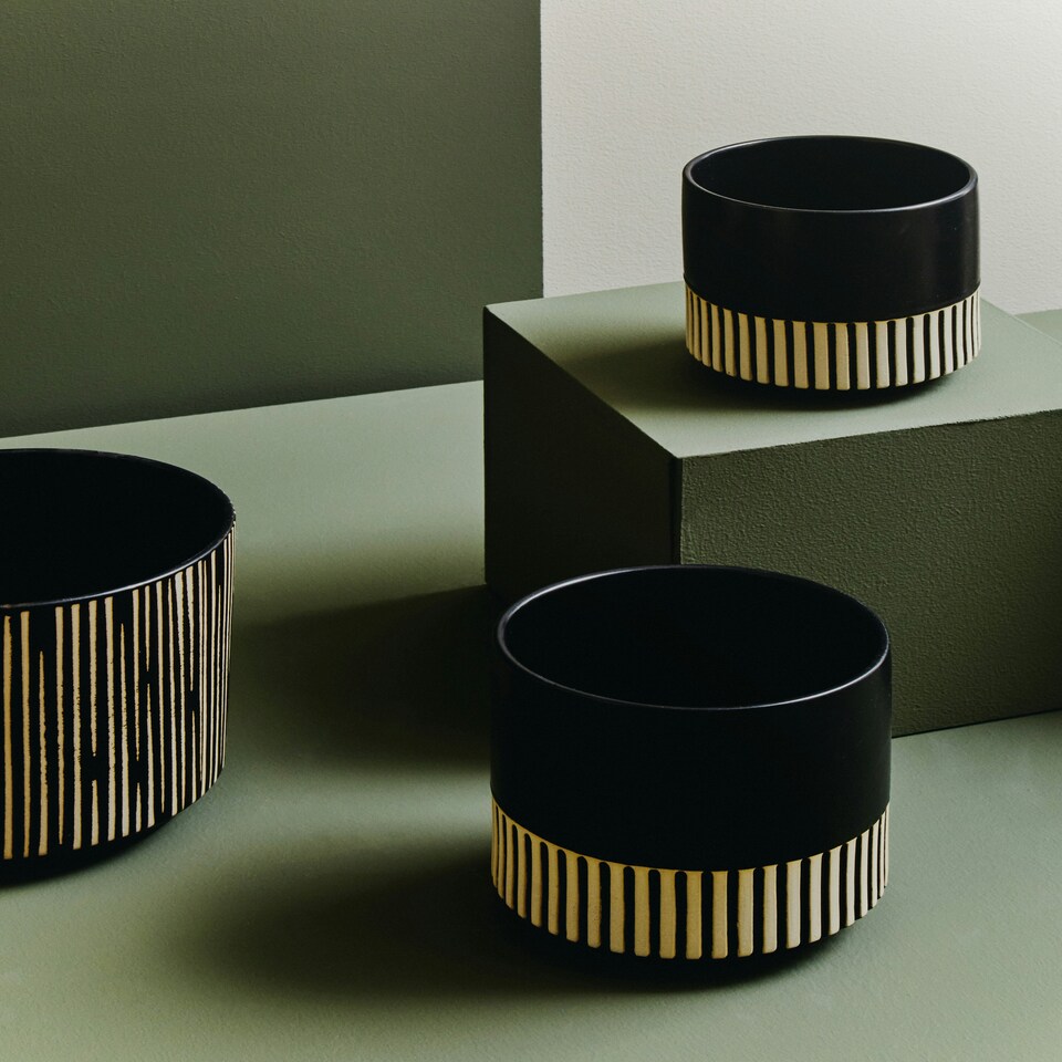 image 1 of Interiors by Premier Small Ceramic Planter, Modern Black and Gold Planter for Indoor Plants, Drum-shaped Ceramic Planter for Home Black