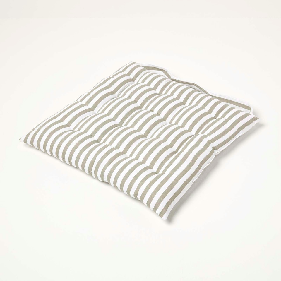image 1 of Homescapes Grey Stripe Seat Pad with Button Straps 100% Cotton - 40 x 40 cm Grey