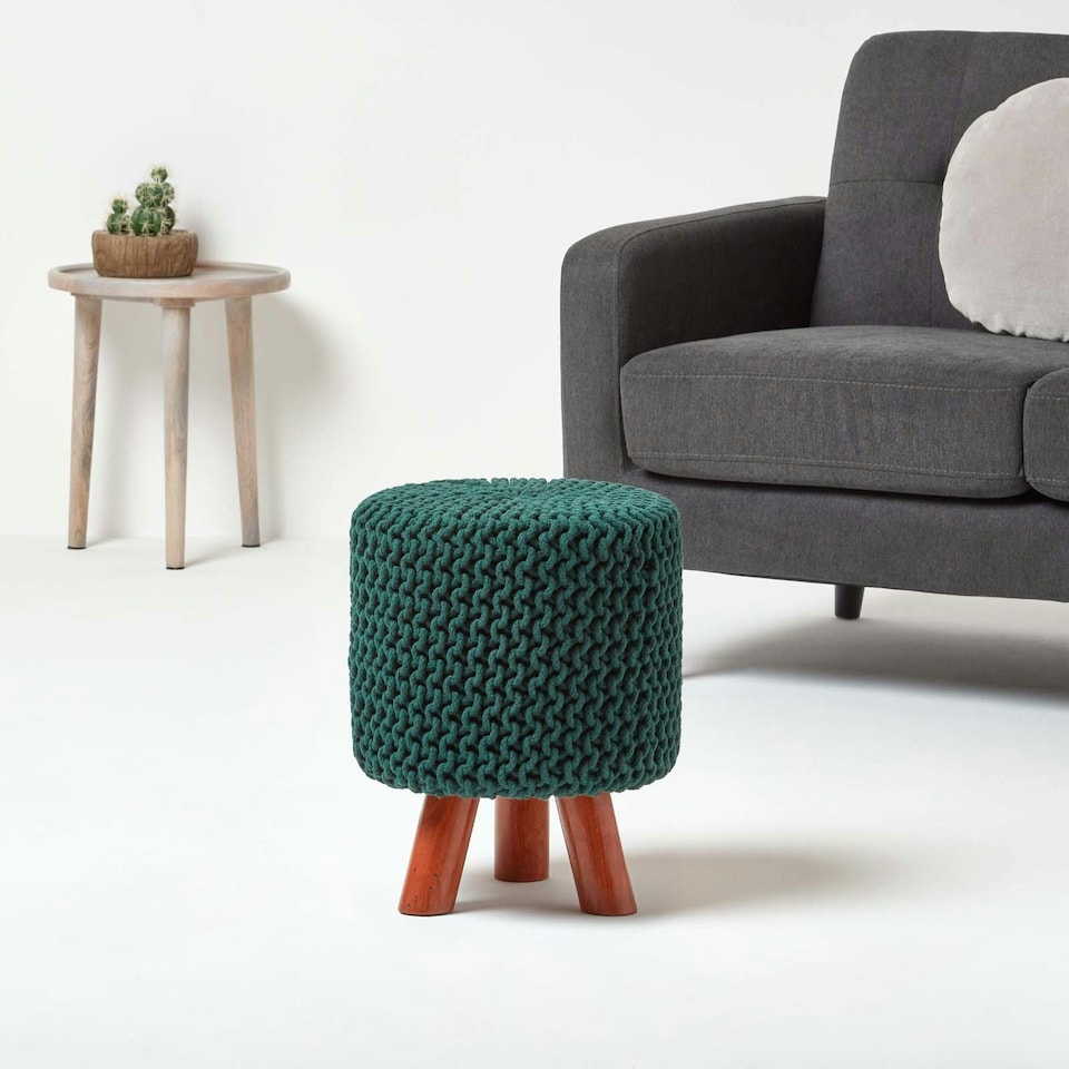 image 1 of Homescapes Forest Green Tall Cotton Knitted Footstool on Legs