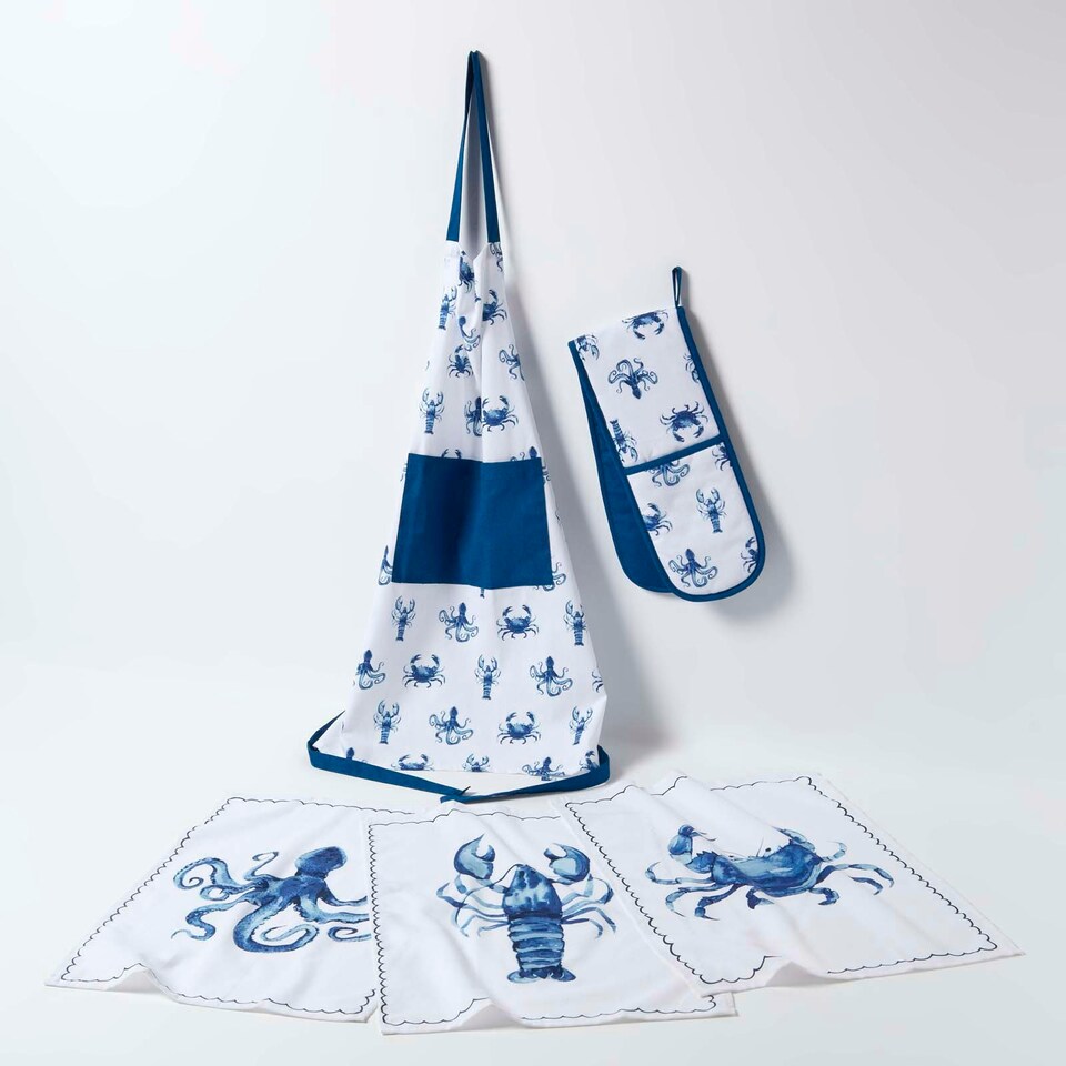 image 1 of Homescapes Blue Sea Animal 100% Cotton Apron | Blue | One Size