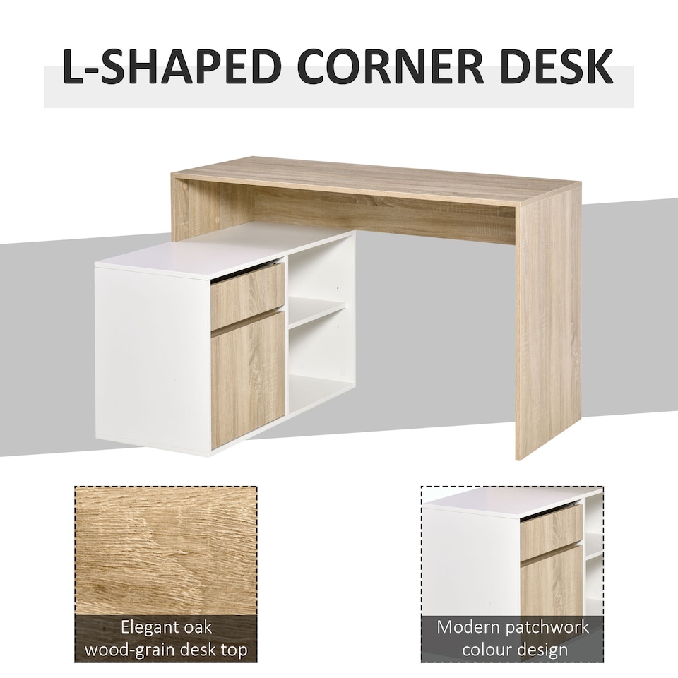 image 1 of HOMCOM L-Shaped Desk, Corner Computer Desk with Storage Drawer, Adjustable Shelf, Cabinet for Home Office and Study, 120 x 92 x 75cm, Oak and White
