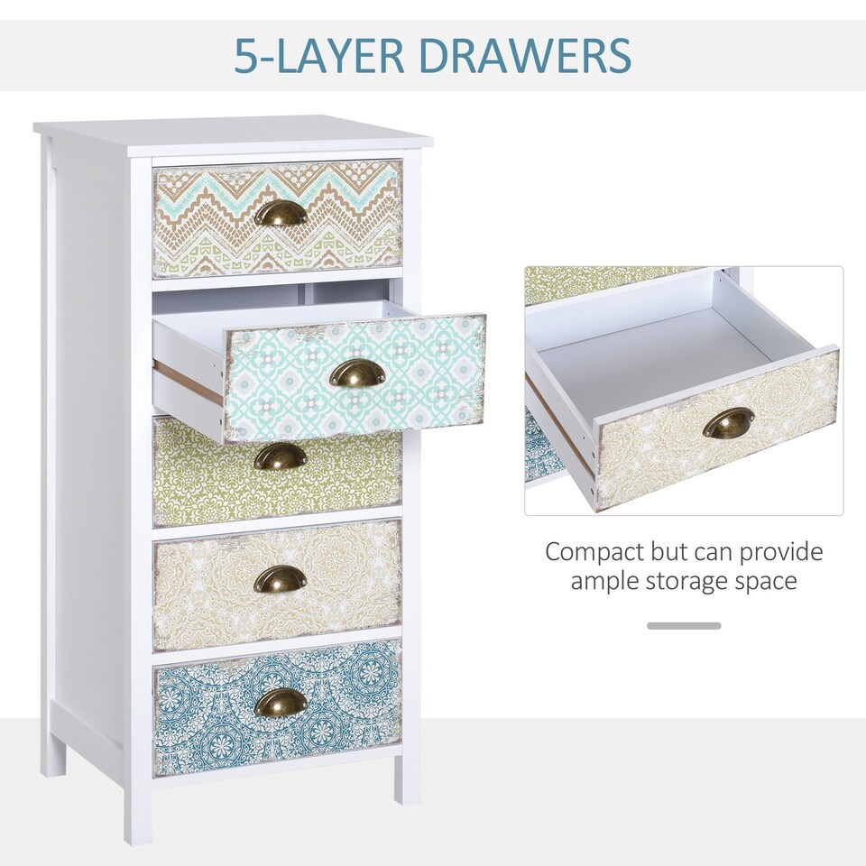 image 1 of HOMCOM Storage Chest Unit Dresser 5 Drawer Retro Style Wood White Entryway