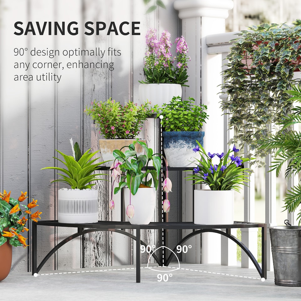 image 1 of Outsunny 3 Tier Metal Corner Plant Stand for Garden Balcony Patio, Black | Black | Black