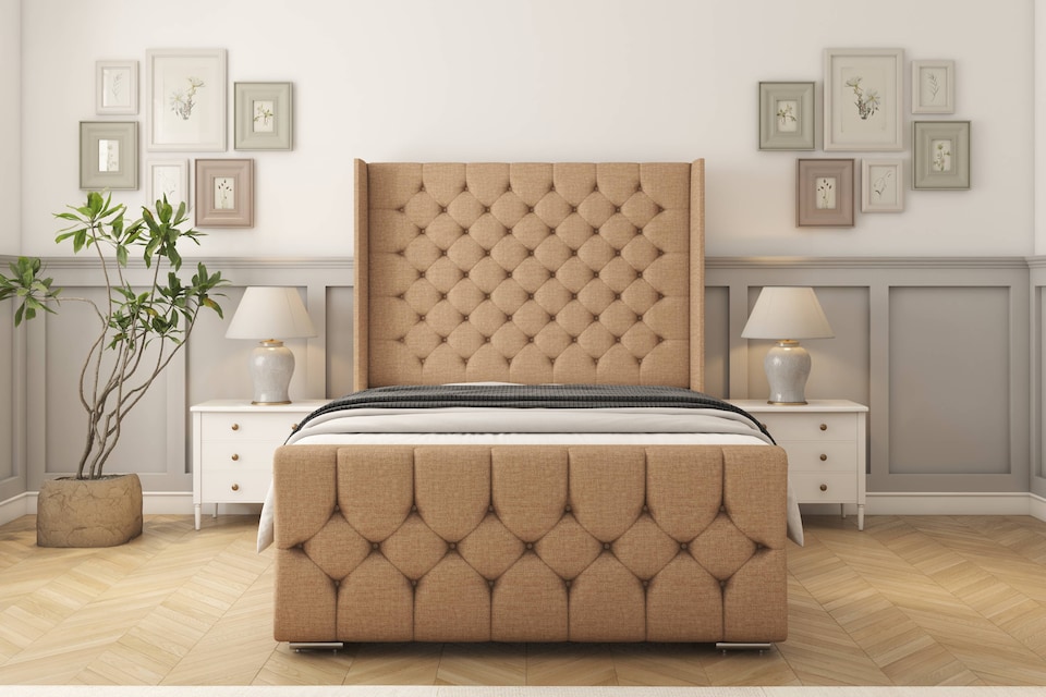 image 1 of Sloomy Luthor Latte Dumfries Bed Frame With 50"  Upholstered Wingback Headboard 3' Single