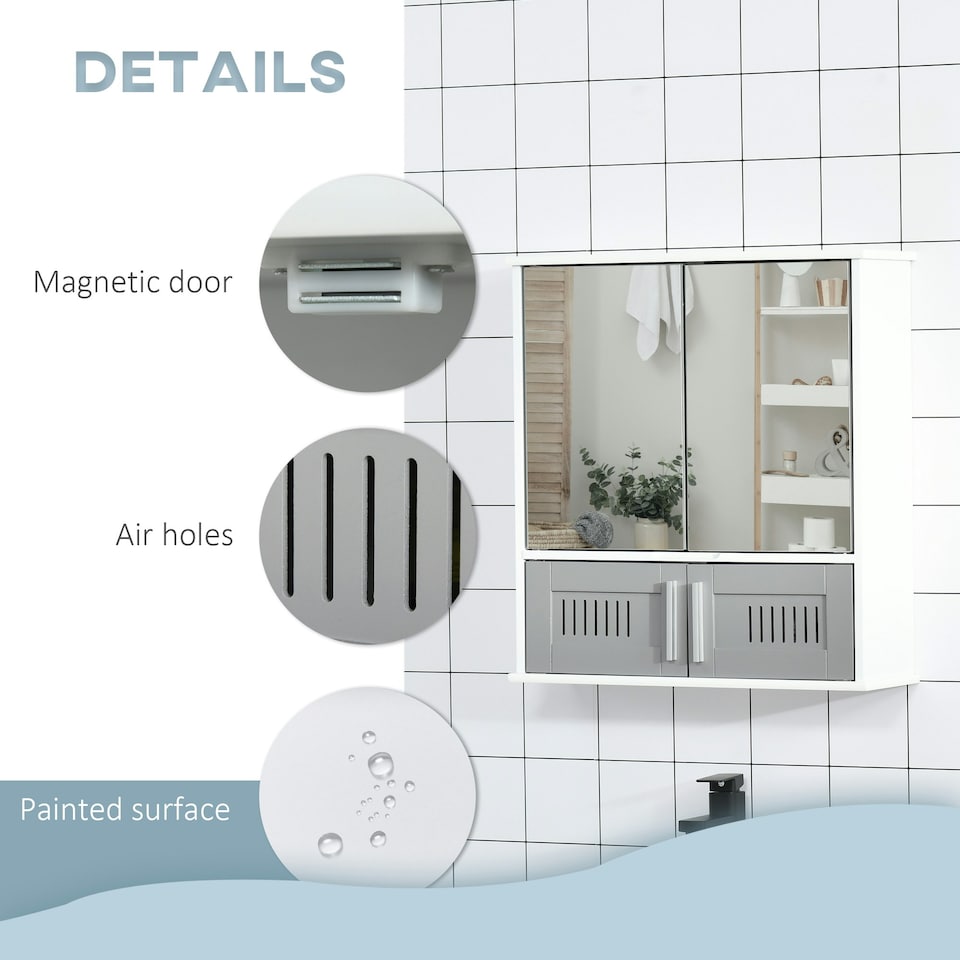 image 1 of kleankin Bathroom Mirror Cabinet Wall Mount Storage Unit Double Doors, Grey