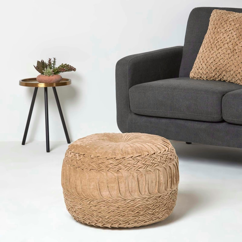 image 1 of Homescapes Sofia Pleated Velvet Taupe Pouffe