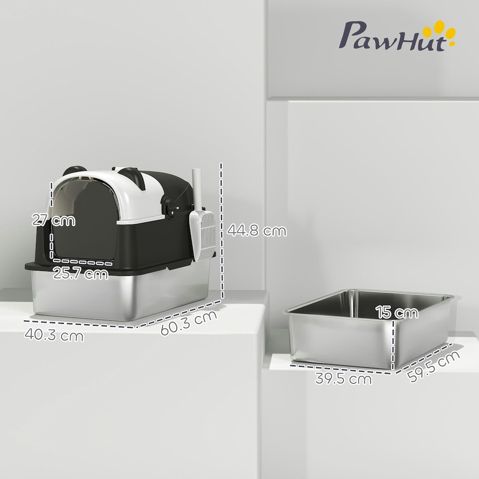 image 1 of PawHut XL Stainless Steel Litter Box Tray with Lid, Panda Style Black