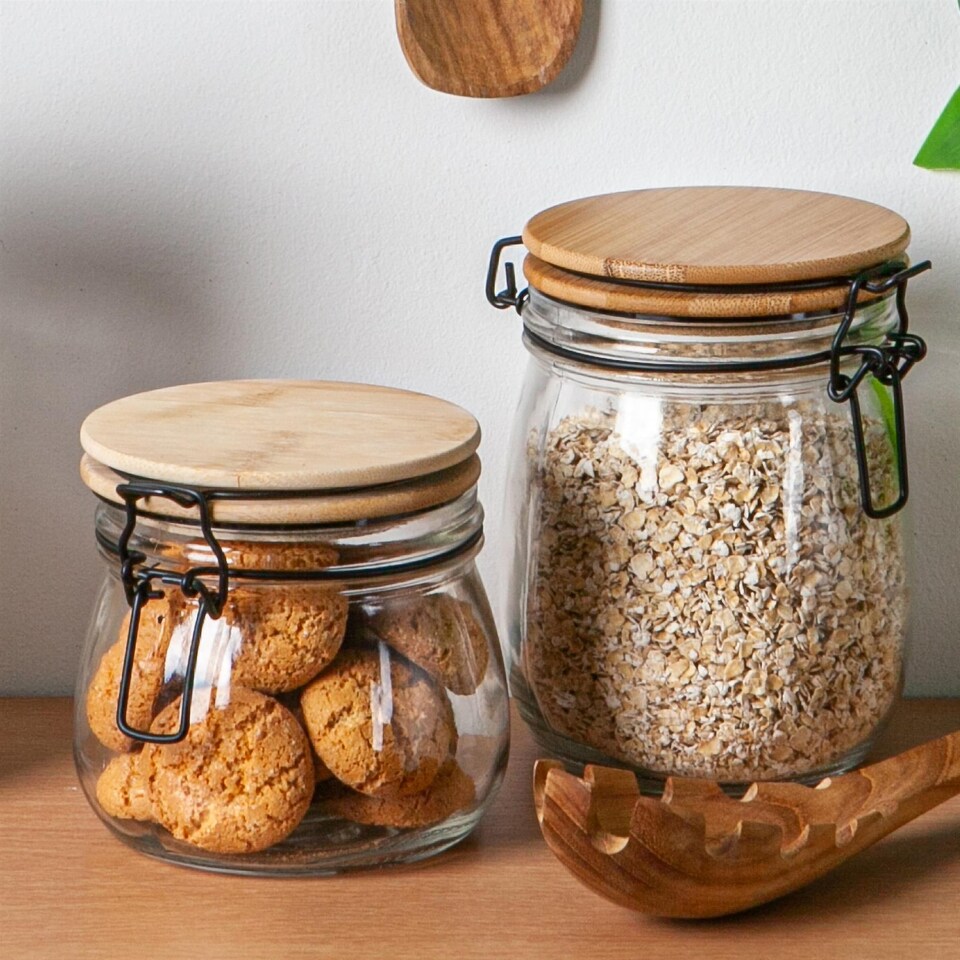image 1 of Argon Tableware 3x Glass Storage Jars - Wooden Clip Lid - 500ml - Airtight Kitchen Container Round Preserving Jar with Black Seal