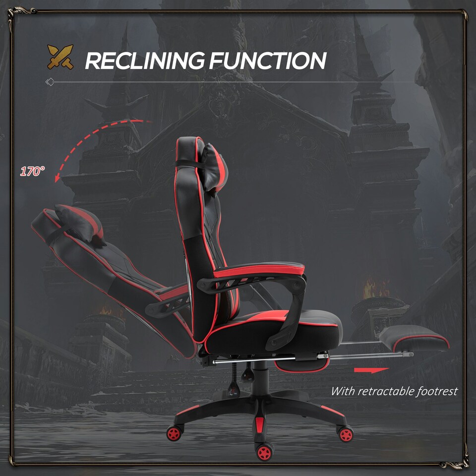 image 1 of Vinsetto Gaming Chair Ergonomic Reclining Manual Footrest Wheels Stylish Red