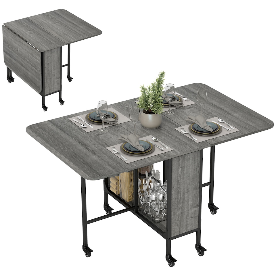 image 1 of HOMCOM Mobile Drop Leaf Table, Folding Dining Table with 6 Wheels & Storage Shelf for Small Spaces, Kitchen, Dining Room, Grey