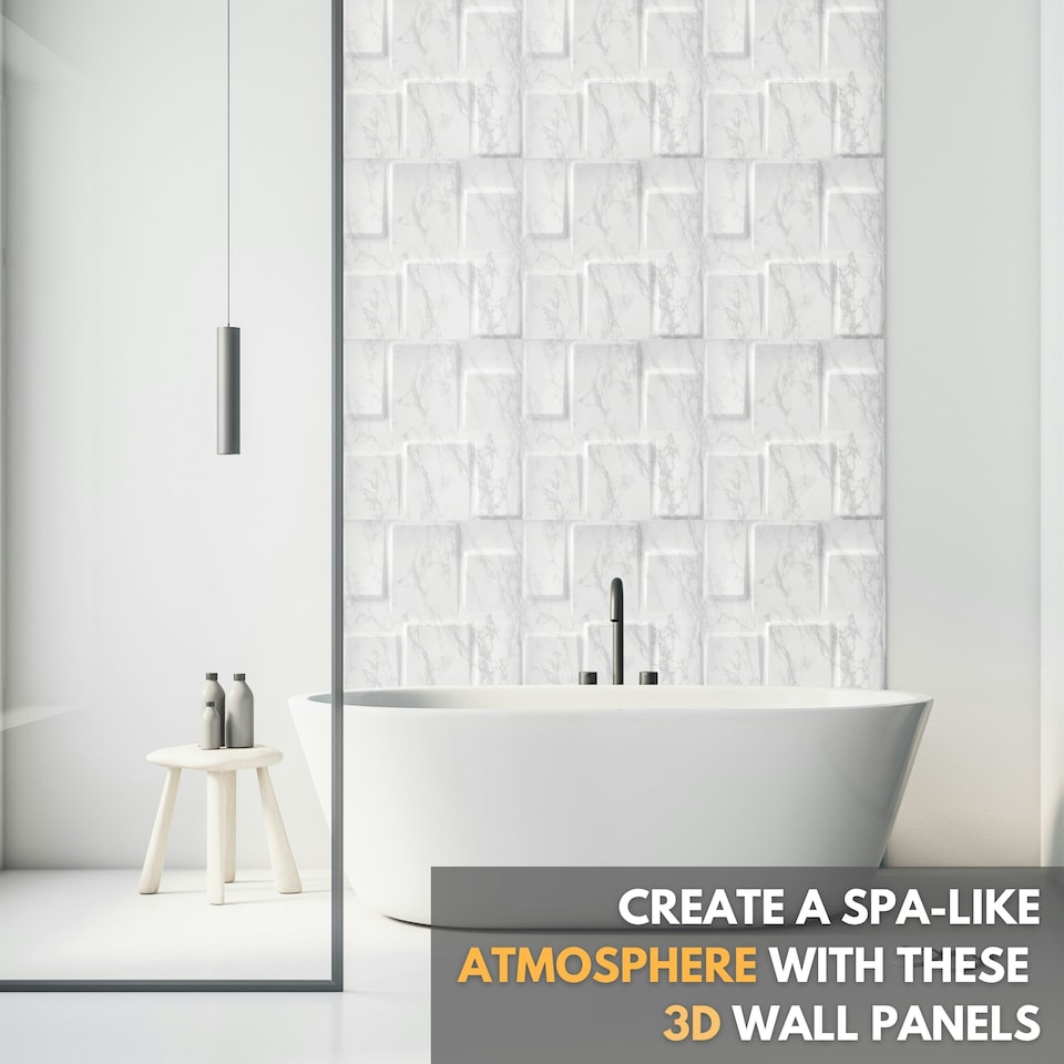 image 1 of NOVECRAFTO 3D Geometric Wall Panels – Matt White Squares Design – 6 PVC Sheets – 1.5m² (16.15sqft) – Interior Cladding Wall Tile Effect | White